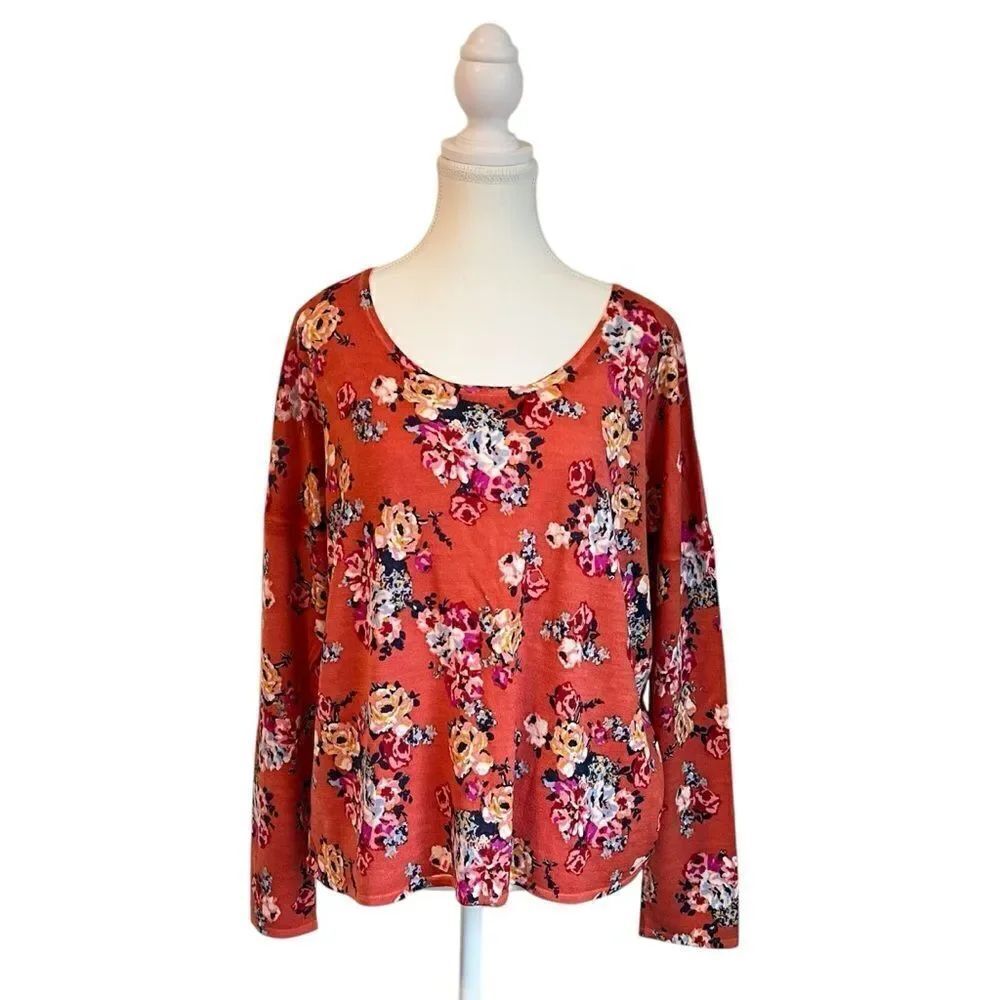 Garnet Hill Merino Wool Floral Knit Blouse Top Sweater Size Large
